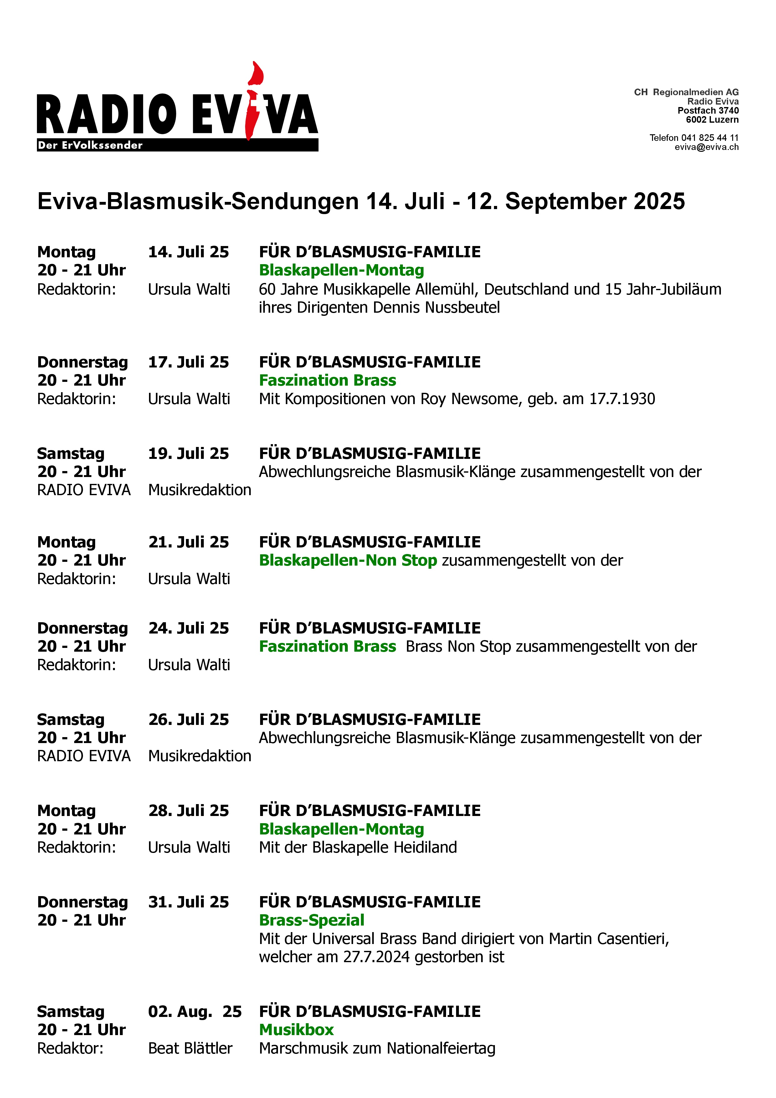 Eviva Blasmusik-Sendungen 14.7.25 -  12.9.25 -0001
